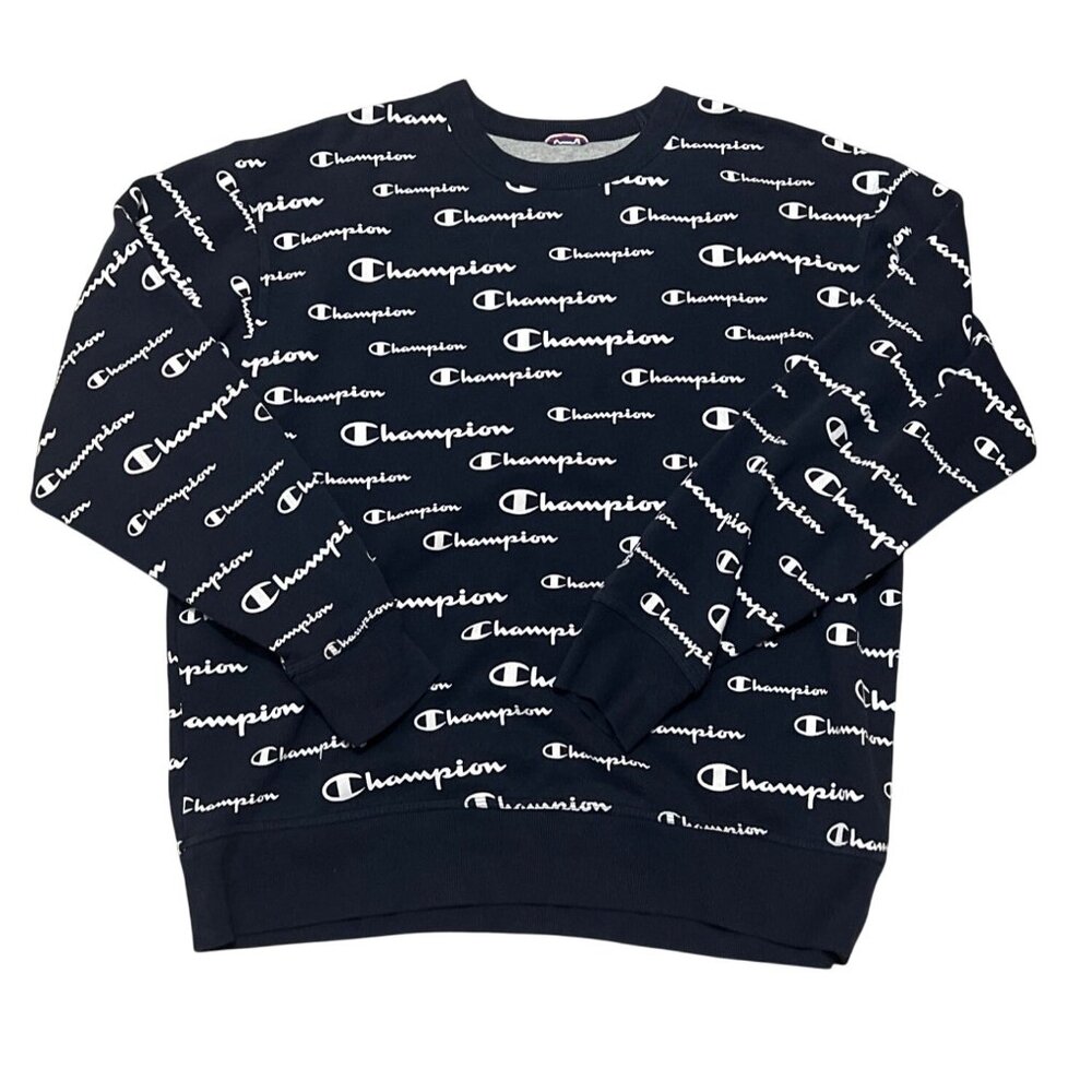 Champion Navy Blue All Over Logo Print Sweatshirt XL 54% Cotton 46% Polyester